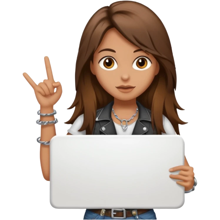 A rocker chick with long brown hair holding a large blank sign emoji