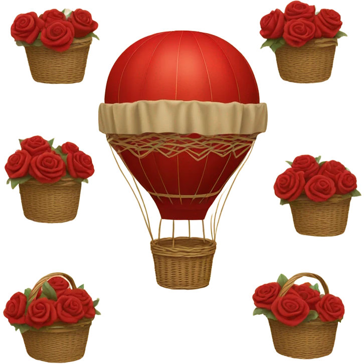 red hot air balloon and beige basket with roses emoji