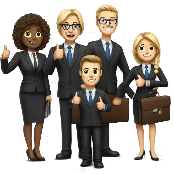 Group of lawyers (male and female) with briefcases and laptops giving thumbs up emoji