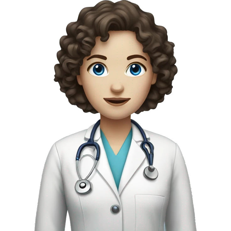 Female, blue eyes, pale skin, dark brown long curly hair Doctor emoji