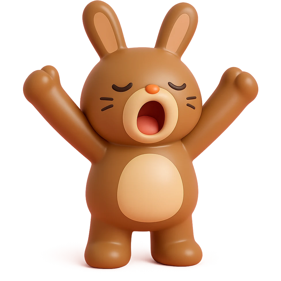 brown bunny stretching arms while yawning, vinyl figure style emoji