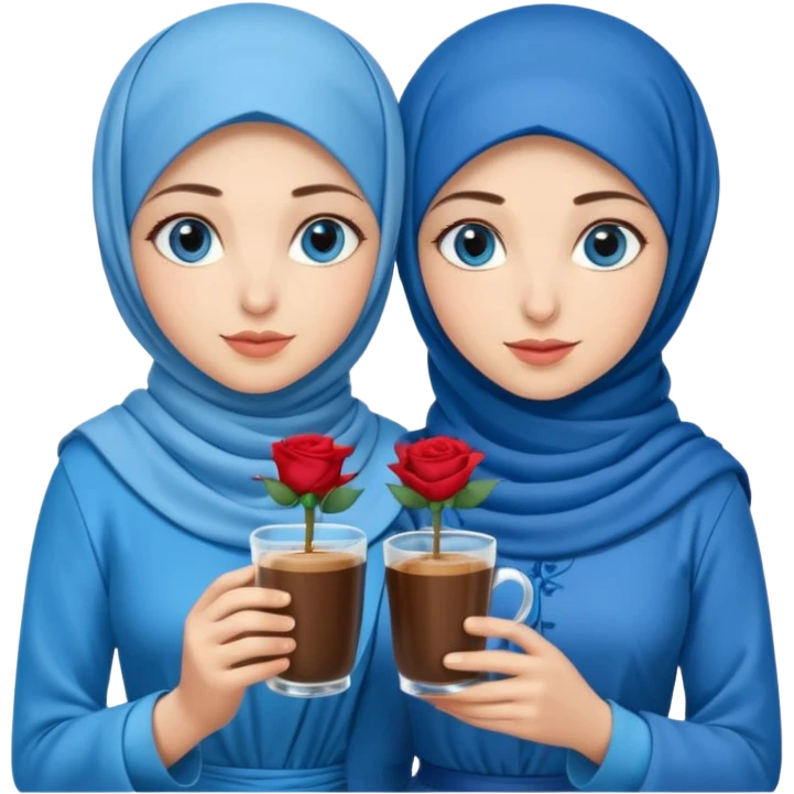 Turkish beautiful finish Konya two girls blue eyes with blue hijab islamic dress and had on her hand Rose Cold turkish coffee   emoji