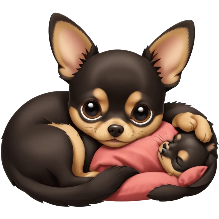 A high-resolution photo-realistic digital illustration of a cute black and tan chihuahua with big eyes shut sleeping lazily. emoji