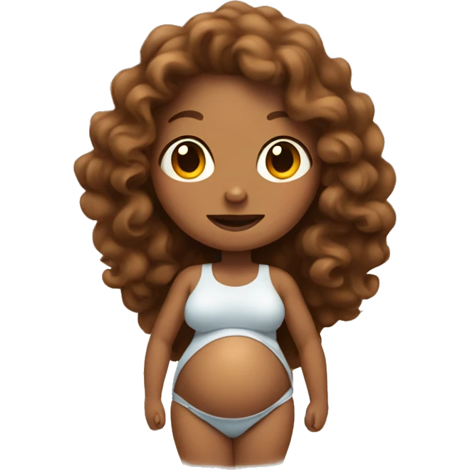 Pregnant tan lady with long, brown, curly hair holding her belly emoji