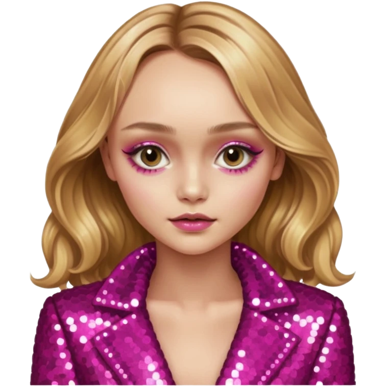Lily-Rose Depp with long golden blonde hair, dark pink sequin outfit, makeup emoji