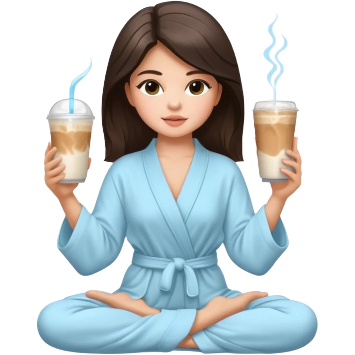 Selina Gomez holding an ice latte, doing yoga, traveling. spa, massage, luxury  vibes. Mood: calm, rich, feminine, magnetic. emoji