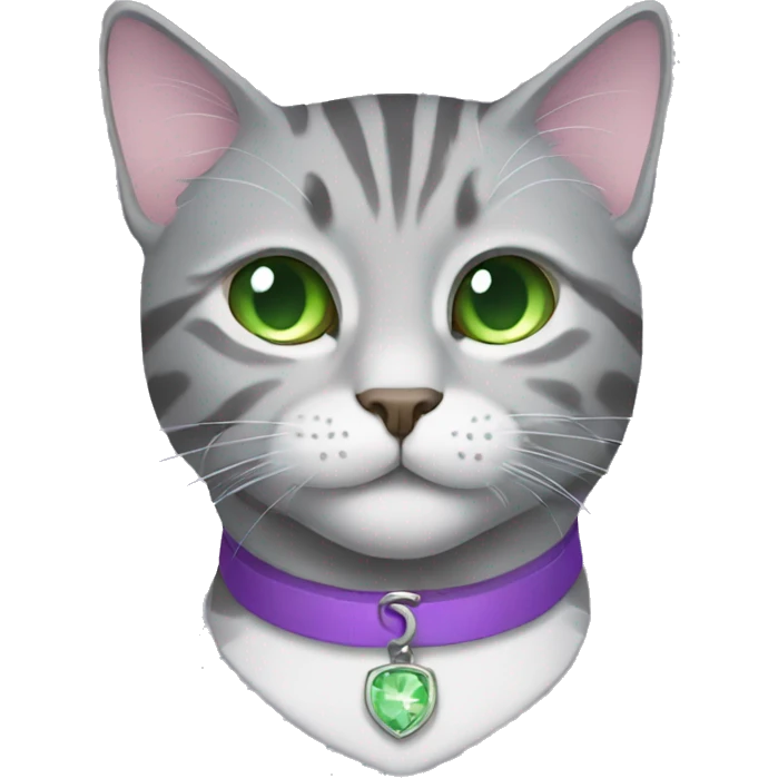 Grey tabby cat with a lilac collar and green eyes emoji