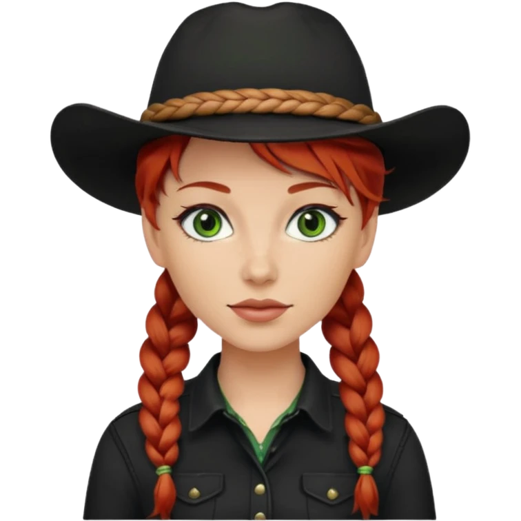 cowgirl with red hair green eyes black hat braided hair emoji