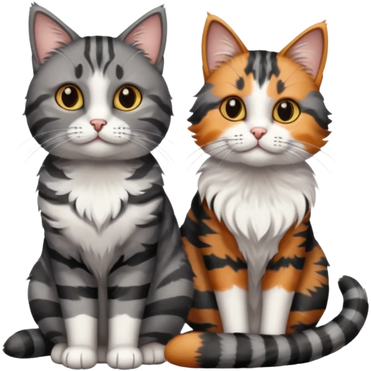 A grey tabby cat with dark grey stripes sitting next to a calico cat  emoji