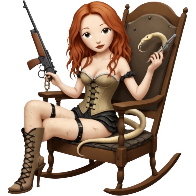 realistic cinematic Tori Amos sits on a rocking chair in a torn corset, holding an antique rifle and her bare feet are muddy. A white snake is wrapped around the chair. emoji