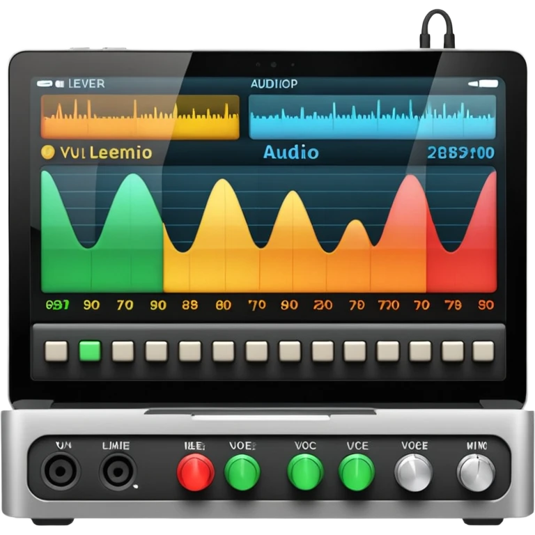 Close-up shot of a laptop screen clearly visible, showing a professional audio mixing interface focused on voice editing: audio level meters (VU meters) moving, voice waveform, volume faders, EQ panel, compressor, limiter, noise reduction, de-esser, gain controls emoji