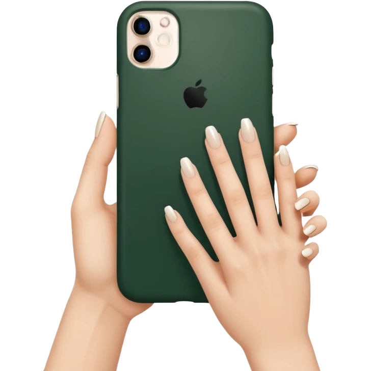 female hand with nude manicure (5 fingers) holding a white iPhone in a dark green case, minimalism, top view emoji