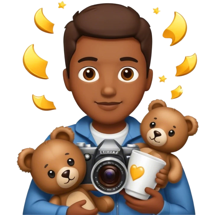 Coffee and Teddy bear surrounded by camera flashes emoji