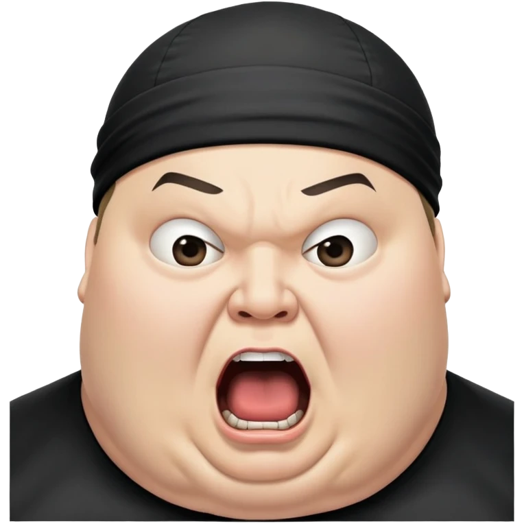 Super extreme tight close-up of just the face of morbidly obese white skin guy with young face, prominent BLACK DURAG tied clearly on head, black beard but no mustache, clean shaven upper lip, black eyes, mouth wide open screaming angrily emoji