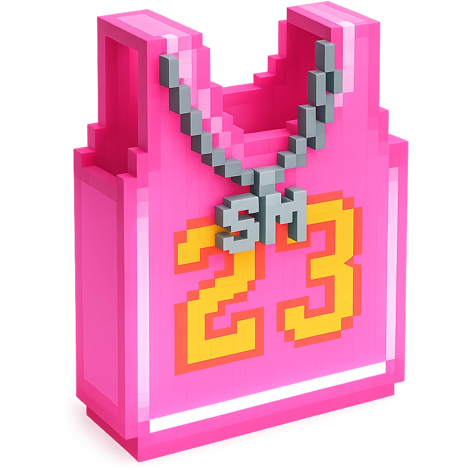 светящейся розовая баскетбольная майка с надписью "23" и серебряная цепь с надписью "SM", no background emoji