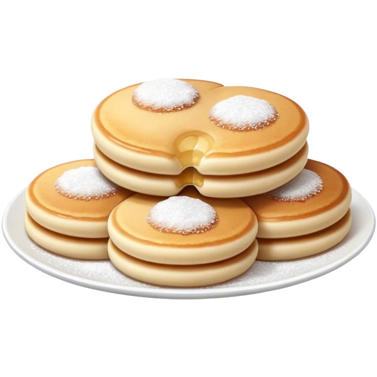 Cinematic Realistic Poffertjes Dessert Emoji, depicted as small, fluffy mini pancakes dusted with powdered sugar rendered with lifelike texture and warm, inviting lighting. emoji