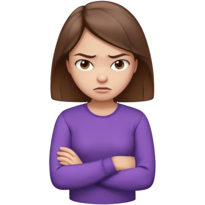 Angry Pouty girl with squinted eyes folding arms in a purple longsleeve shirt she has fair skin and brown hair emoji