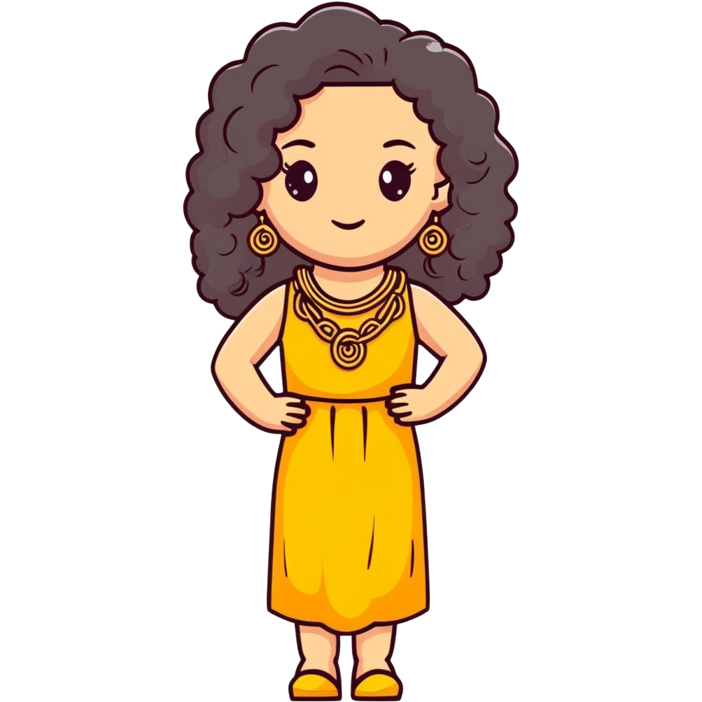 pretty Greek girl with big puffy long curly hair, gold statement earrings and necklace, cute modern dress emoji