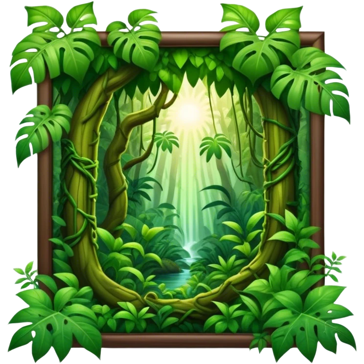 Cinematic Realistic Rainforest Emoji in a wooden frame, Lush and vibrant, filled with towering trees, thick vines, and dense green foliage, sunlight filtering through the canopy above, creating dappled patches of light on the rich, diverse undergrowth. The air is heavy with moisture, with mist rising from the forest floor and distant calls of exotic birds and animals echoing through the trees. Soft glowing outline, capturing the essence of a thriving, untamed tropical paradise filled with life! emoji