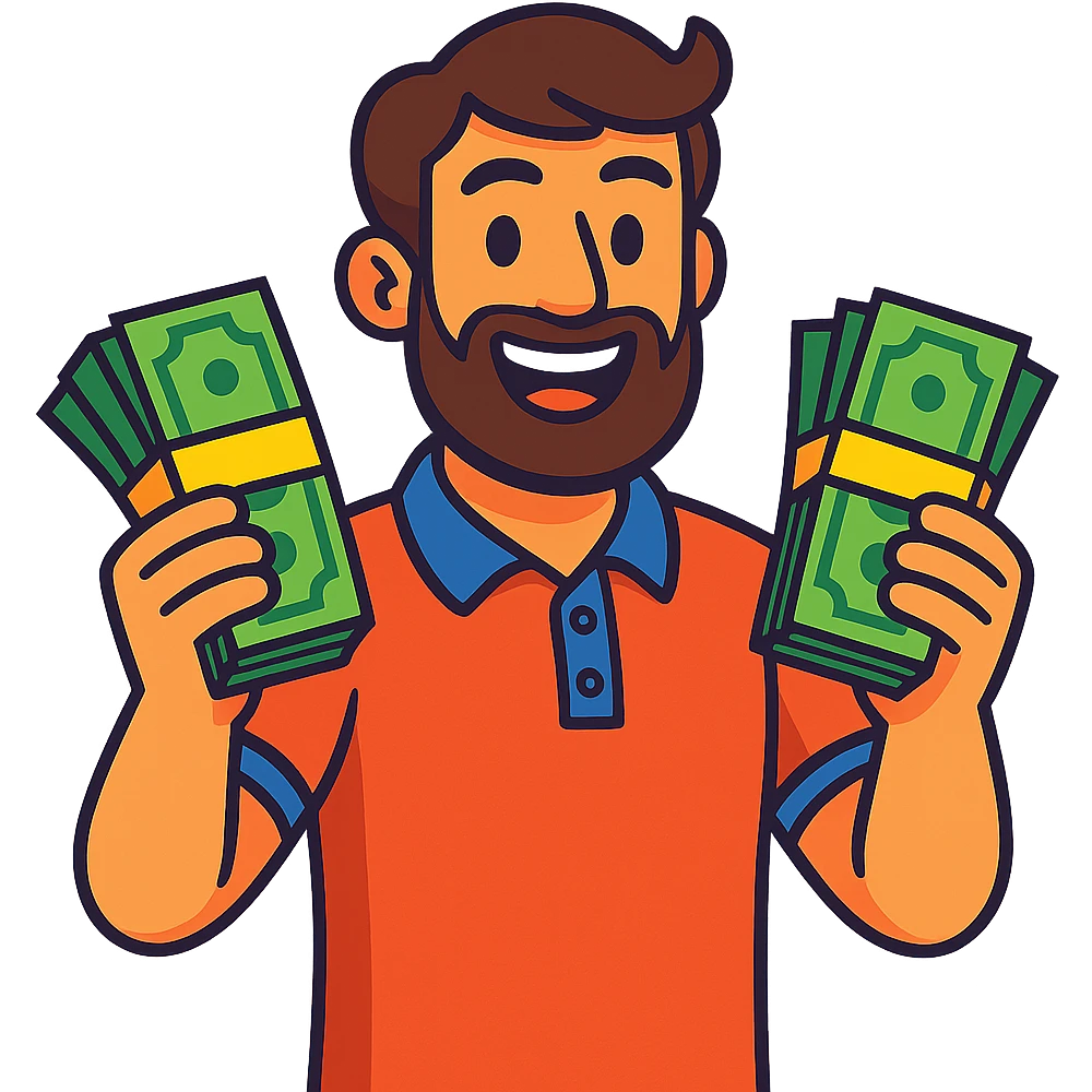bearded brown-haired man in a polo shirt holding bundles of bills in vibrant toon style emoji