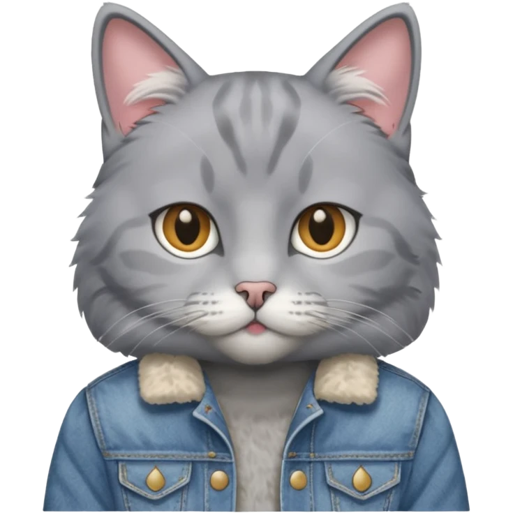 Gray cat with calm eyes, half body, jean jacket emoji