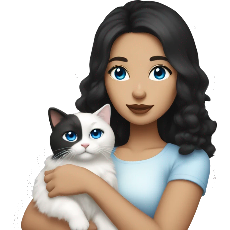 Brunette woman with olive skin and middle parted black hair holding a white fluffy cat with blue eyes  emoji