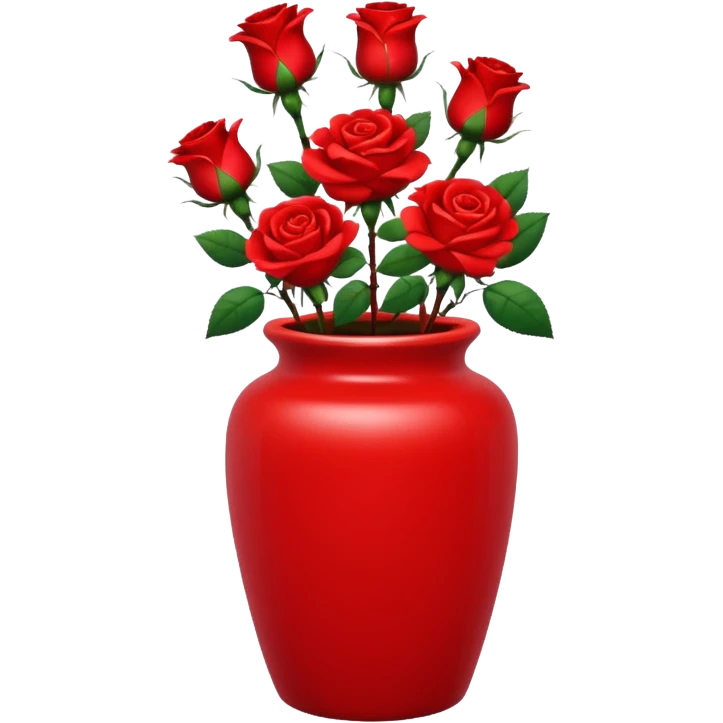 Scarlet red ceramic pot, tall and cylindrical, with red roses. emoji