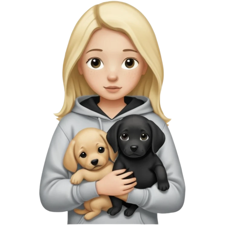 Blonde girl with smooth hair and a center part, light skin with freckles, wearing a hoodie and carrying a black baby labrador puppy in her arms emoji