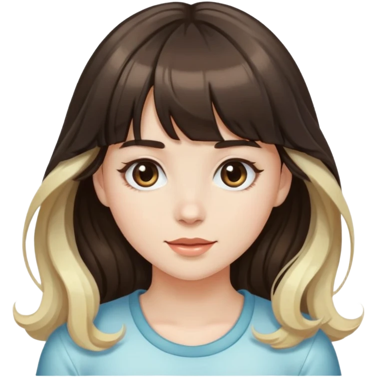 Wavy girl with bangs, dark brown hair with one blonde light streak in her bangs, and white skinned girl emoji