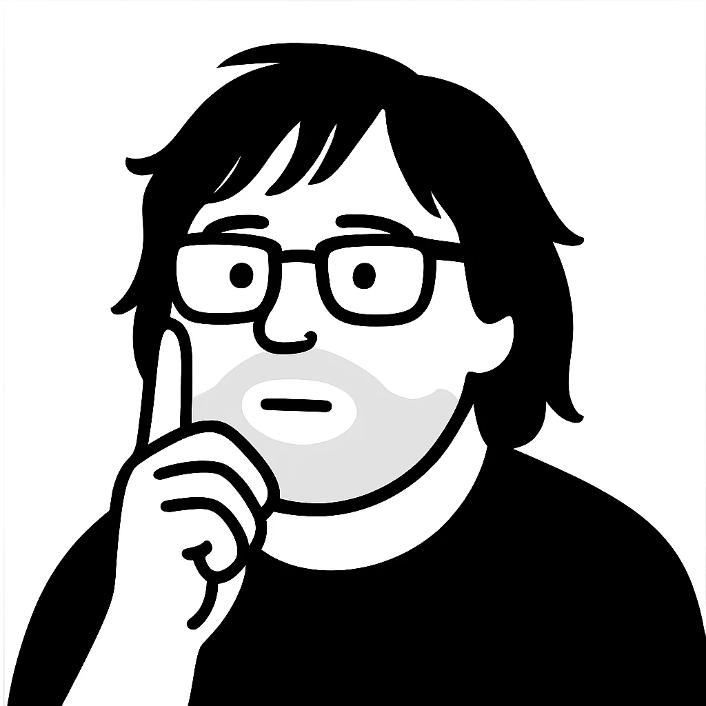 A thoughtful man with glasses, shoulder-length messy hair with side-swept bangs, a distinctly round face, a wider nose, and a neatly trimmed short beard emoji