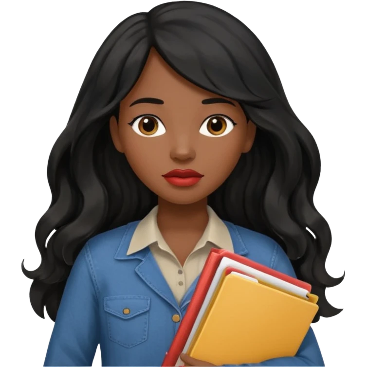 A young woman with long black hair, a wavy frange falling on half of her head. She's black, medium to dark skinned with thick lips. She's holding folders, because she's a CEO, but she's wearing casual clothes. emoji