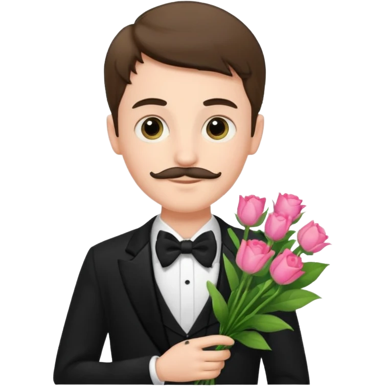 generate an ios genmoji of a 20 year old fair boy with very few mustache hair, carrying a flower bouquet, wearing a tux emoji