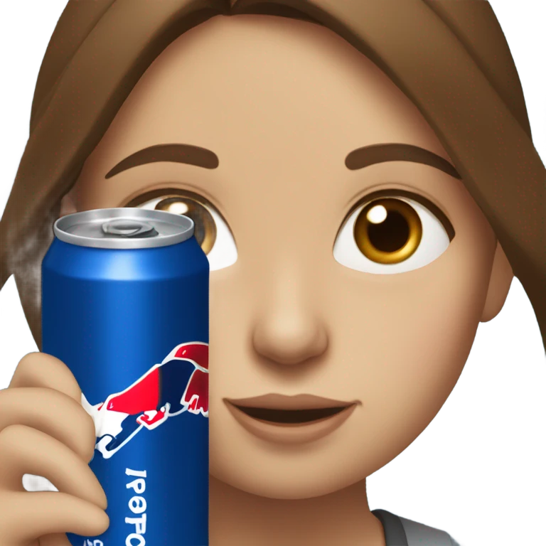 Brown haired girl with blue eyes, drinking a redbull emoji