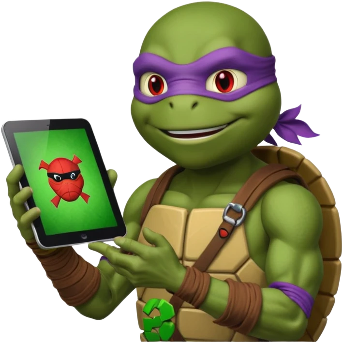 Donatello from Teenage Mutant Ninja Turtles, emoji style, with a tablet showing a hacking screen in hand, with a red hacking interface on the screen emoji