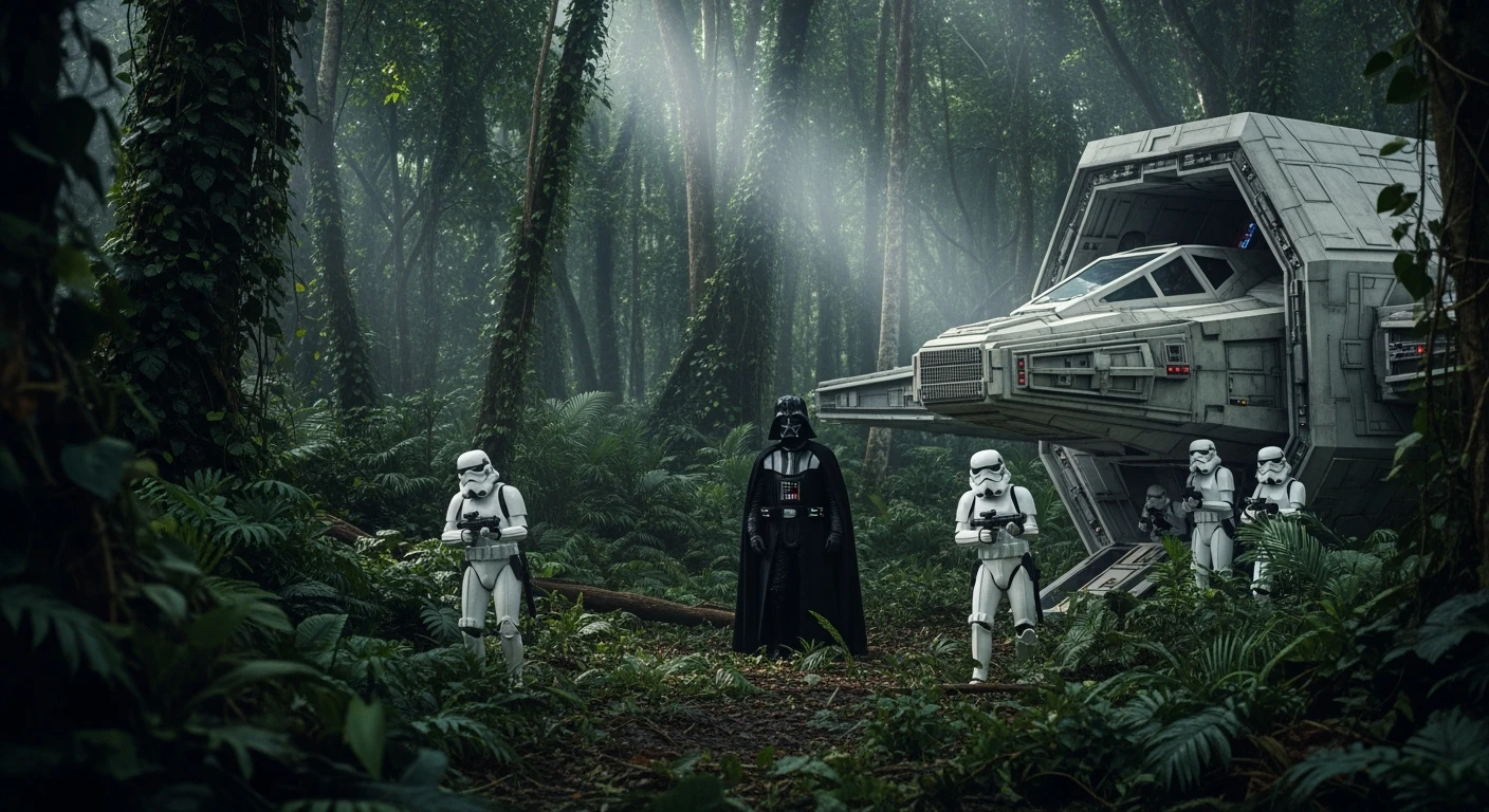 cinematic still, Medium shot, amazon jungle, Darth Vader around stormtroopers coming out from starship on ground, they are exploring the jungle, inspired by StarWars movie, captured by arri alexa emoji