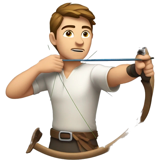 a male archer aiming with a bow looking at his target, wearing a white shirt, brown hair, bright skin, emoji