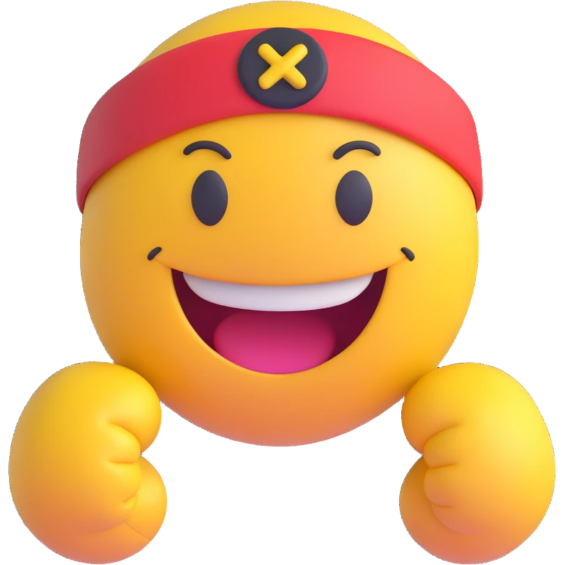 3D smiley emoji, round shape, wearing wrestling headband, sporty face emoji
