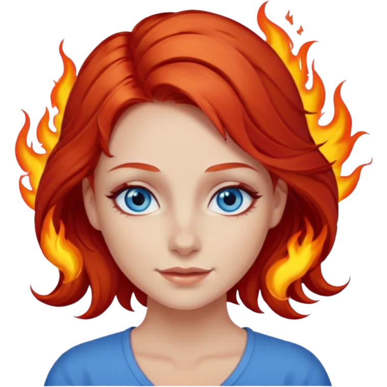 A girl with flaming red hair and intense blue eyes. Delicate dark circles under her eyes give her a slightly tired look, and her smile belies any fatigue. emoji