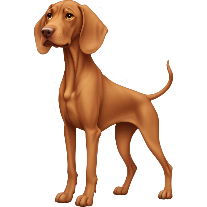 Grown Vizsla dog standing stocky. Droopy ears. Long legs. Light-colored paws. Faded-color face.  emoji