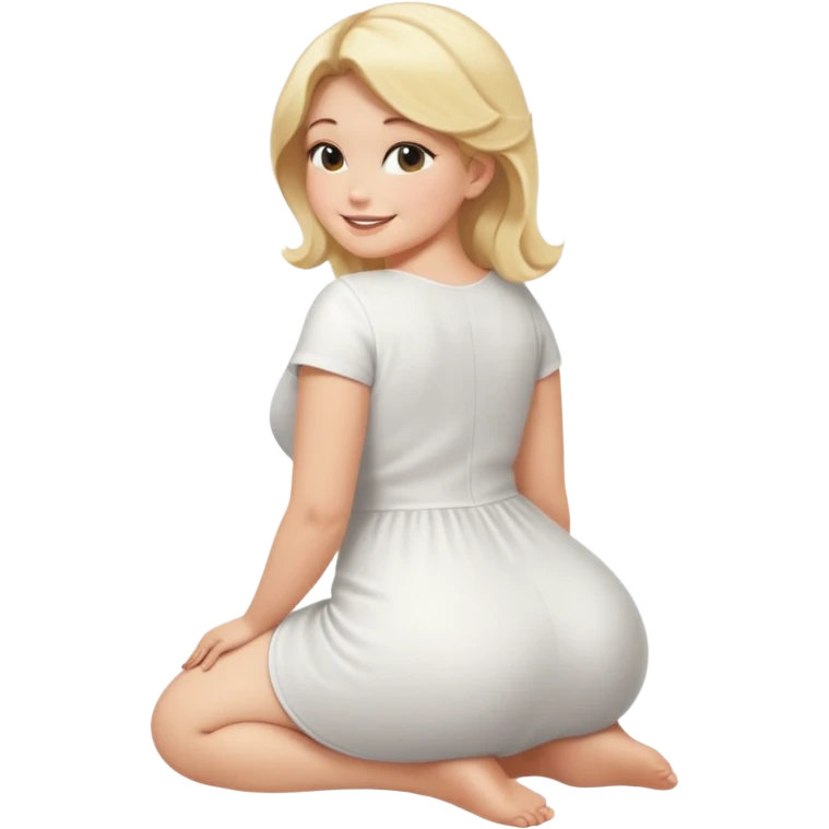 curvy blonde woman, back view, sitting on her soles, smiling, SFW, no explicit content emoji