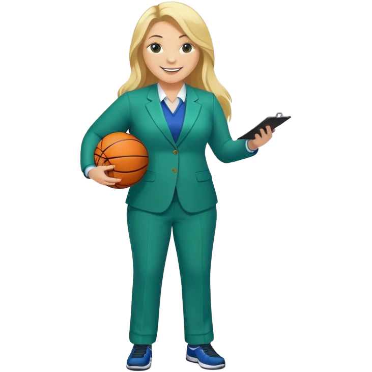Full Body white plus size female basketball head coach using a clipboard with long blonde hair in a blue and green suit smiling with basketball and clipboard emoji