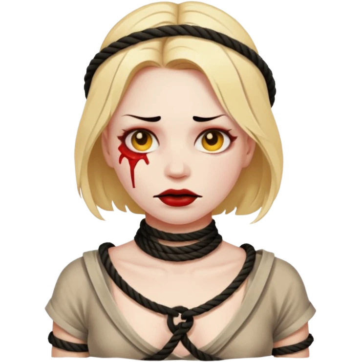 woman bound with rope around her chest, tortured face, emoji style emoji