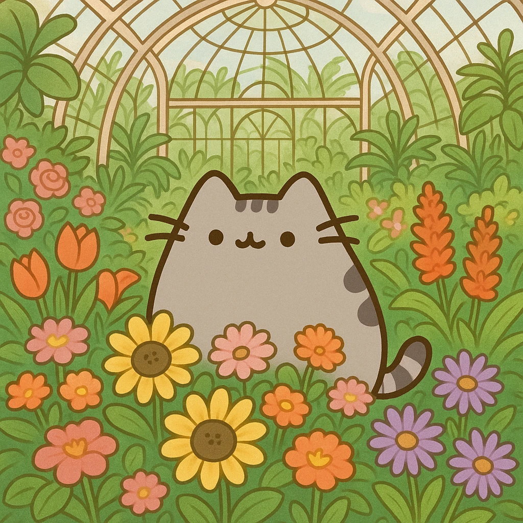 pusheen cat surrounded by flowers in a botanical garden greenhouse emoji