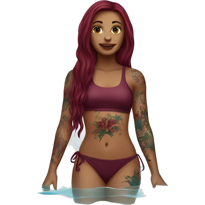 Beautiful tattooed  burgundy long haired woman swimming in a pool emoji