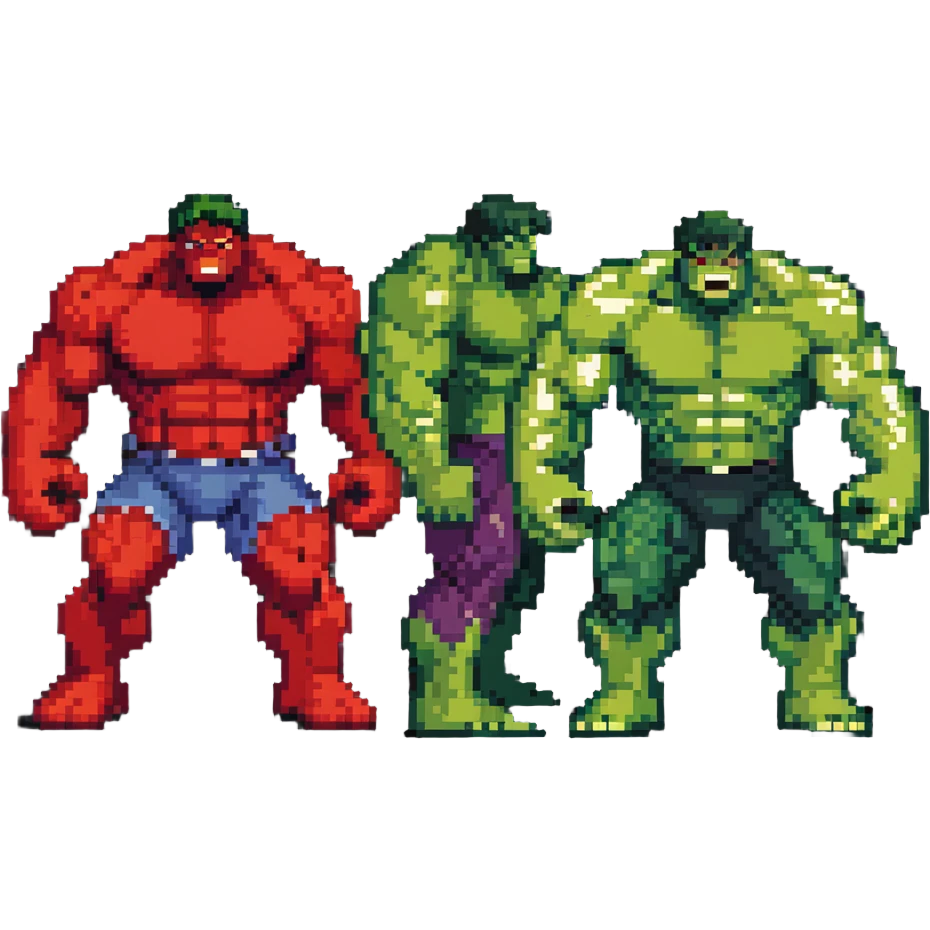 Red Hulk, World Breaker Hulk, and Maestro Hulk forms in retro game style emoji