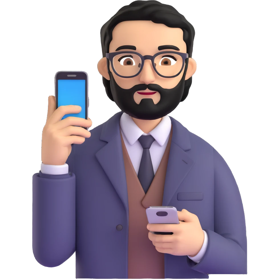 full body standing pose of same professional man with medium black beard, neat black hair, connected unibrow, olive tan skin, brown eyes, glasses, prominent nose, dressed in formal black jacket, with mobile phone emoji