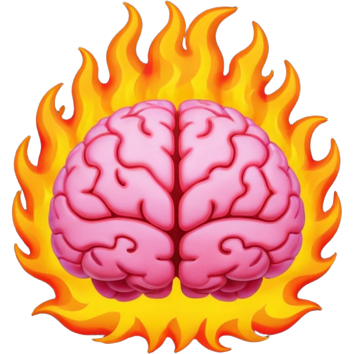 minimal emoji of a brain engulfed in bright, vibrant flames, symbolizing passion and discovery, high contrast, compact, clear for emoji use emoji