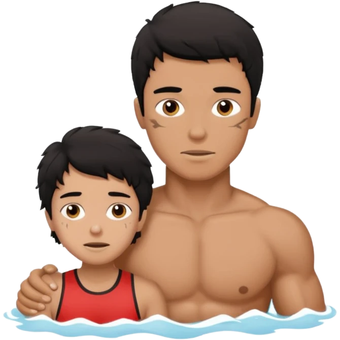 Dark Tan Muscular teen lifeguard boy with messy black hair rescuing old lady emoji