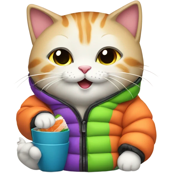 cat wearing a puffy jacket eating sushi emoji