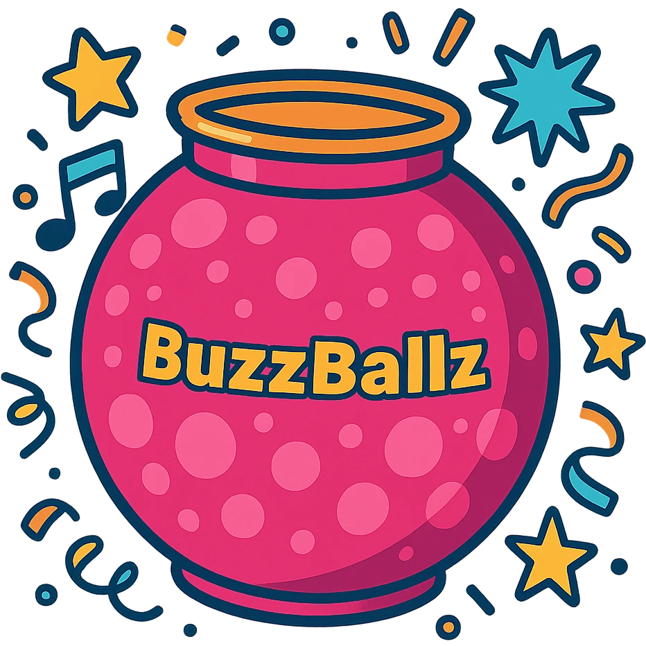 oversized pink BuzzBallz, bubbly and vibrant, with a party feel emoji